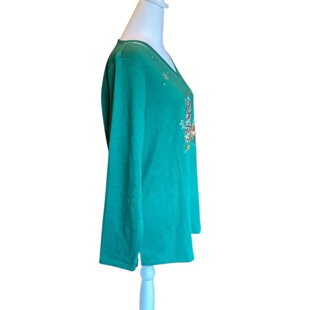 Quacker Factory Green Christmas Tree Sweater V Neck Long Sleeve Womens Large